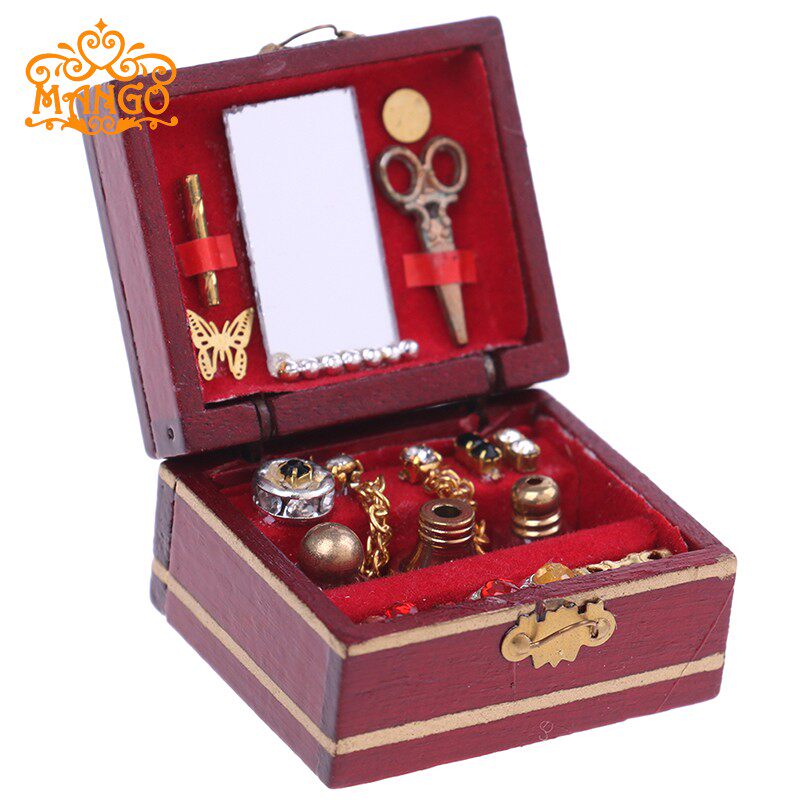 1:12娃娃屋dollhouse迷你卧室场景模型毕业设计 复古首饰盒化妆盒