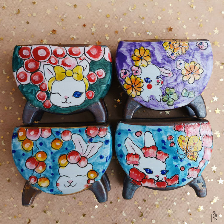 元九陶艺景德镇手工手绘动物钟鼓盆粗陶透气创意个性屁屁多肉花盆