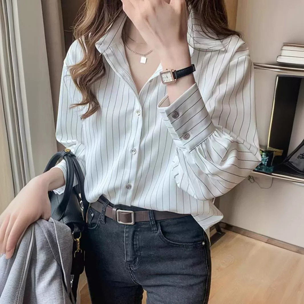 条纹衬衫设计感小众2025春秋新款雪纺上衣职业OL轻熟风女式衬衣潮