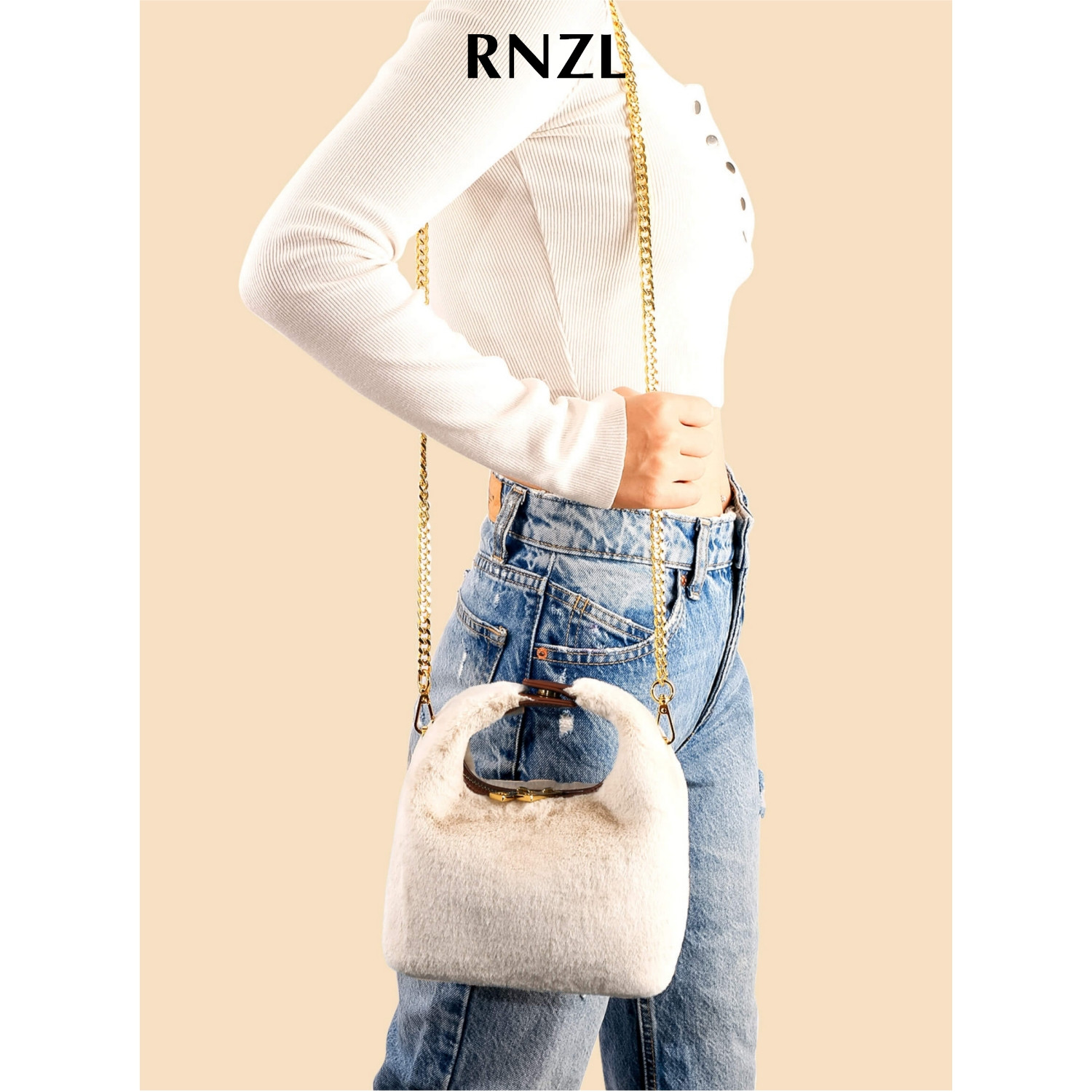 RNZL  毛绒链条白色时尚单肩斜挎包女简约风格小众设计感手提包