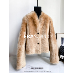 FRSASANNO法国拉贡皮草女外套羊绒拉贡皮毛一体年轻款V领短款显瘦