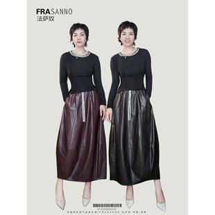 进口绵羊皮花苞皮裙 休闲运动风 抽绳松紧腰显瘦女士真皮半裙新款