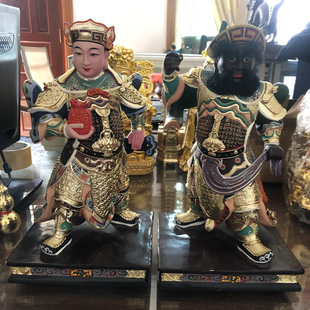 周仓光平关公左右护法12寸香樟木雕刻敦煌彩佛像佛堂家用供奉摆件