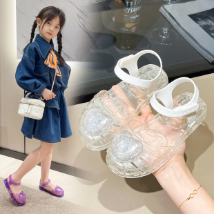 女童果软底凉鞋童鞋女鞋扇贝贝壳果冻鞋平底鞋LED闪灯包头沙滩鞋