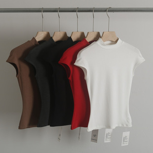 韩版2024夏装新款弹力修身女式半高领短袖小飞袖T恤短上衣