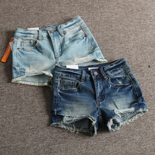 女热裤 欧美街头复古水洗磨破修身 提臀低腰毛边牛仔短裤