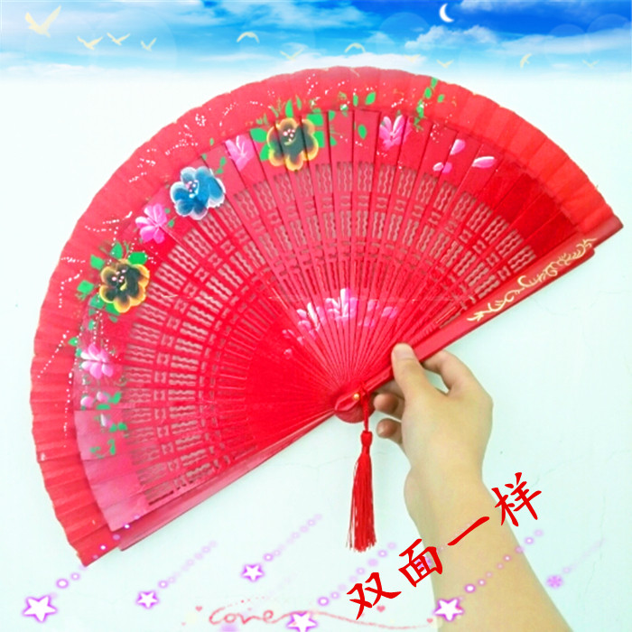 1把包邮古典木折扇7寸西班牙大红色木片舞蹈扇双面花扇子跳舞蹈扇