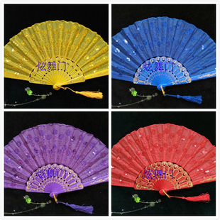 7把包邮儿童咏春舞蹈亮片扇子单面女红色紫白黑粉玫红小号布折扇