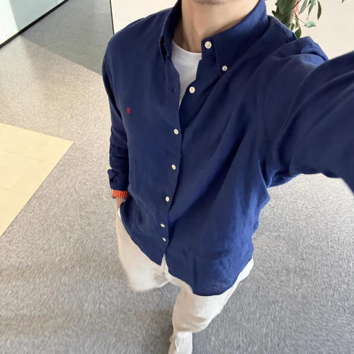 跨境RL拉夫小马标情侣春秋季长袖防晒Polo衬衫刺绣亚麻男女衬衫