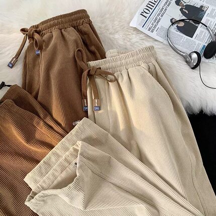 Brown corduroy pants loose wide leg work men's straight leg