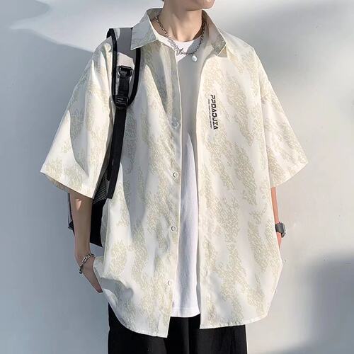夏季薄款上衣宽松男士短袖衬衫日系潮流Summer thin men's shirt