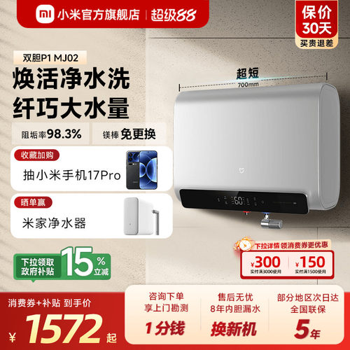 小米官旗米家智能双胆电热水器P1家用洗澡卫生间速热阻垢MJ02
