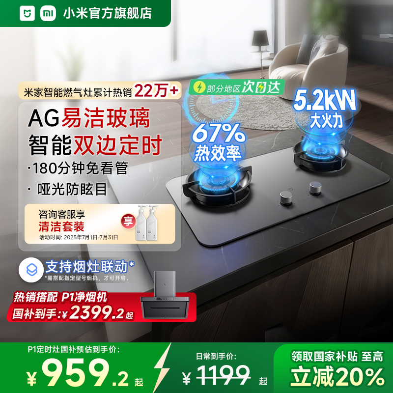 小米官方米家P1智能定时燃气灶煤气灶台双灶嵌入式家用节能大火力