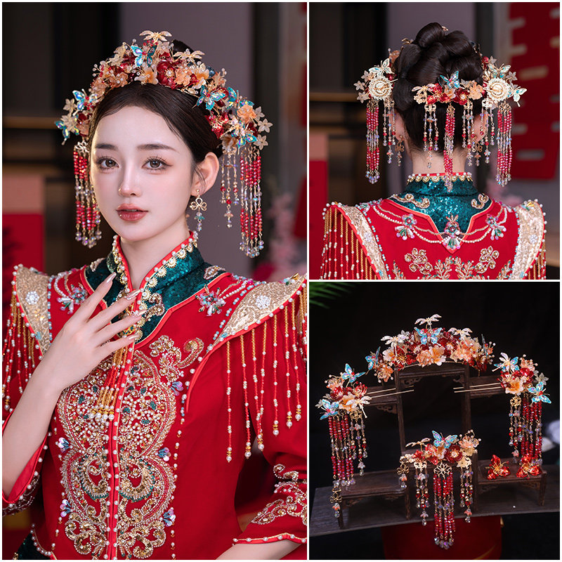 红色秀禾发饰分体套装新娘新中式旗袍龙凤褂头饰减龄甜美喜庆大气
