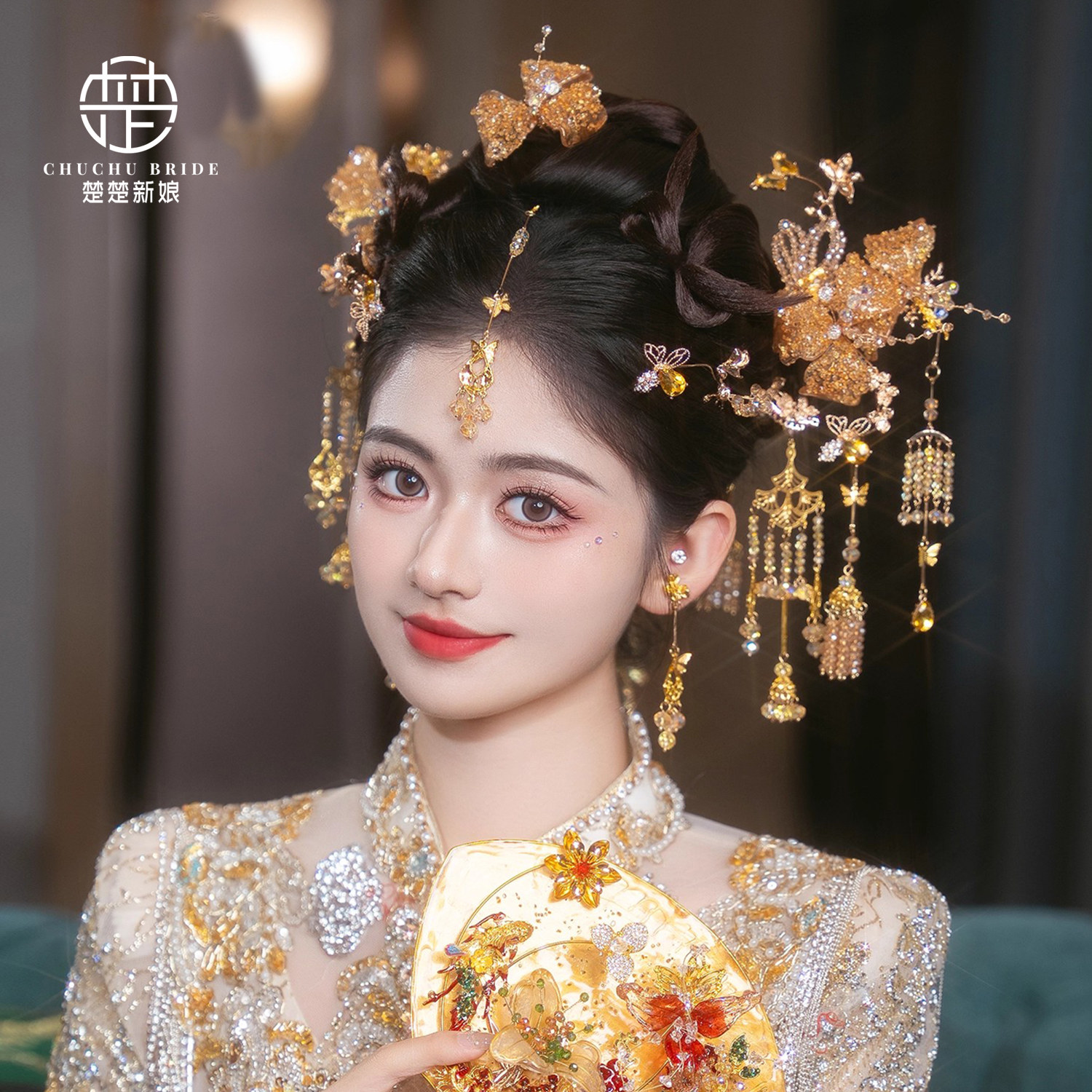 新娘新中式金色秀禾头饰晨袍龙凤褂超仙新娘发饰古风精致中国风