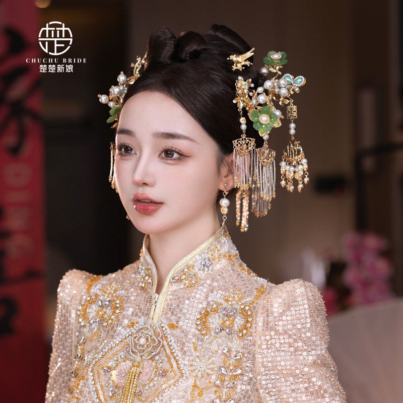 2025新款手工中式新娘结婚古典秀禾琉璃绿色配件简约饰品头饰套装
