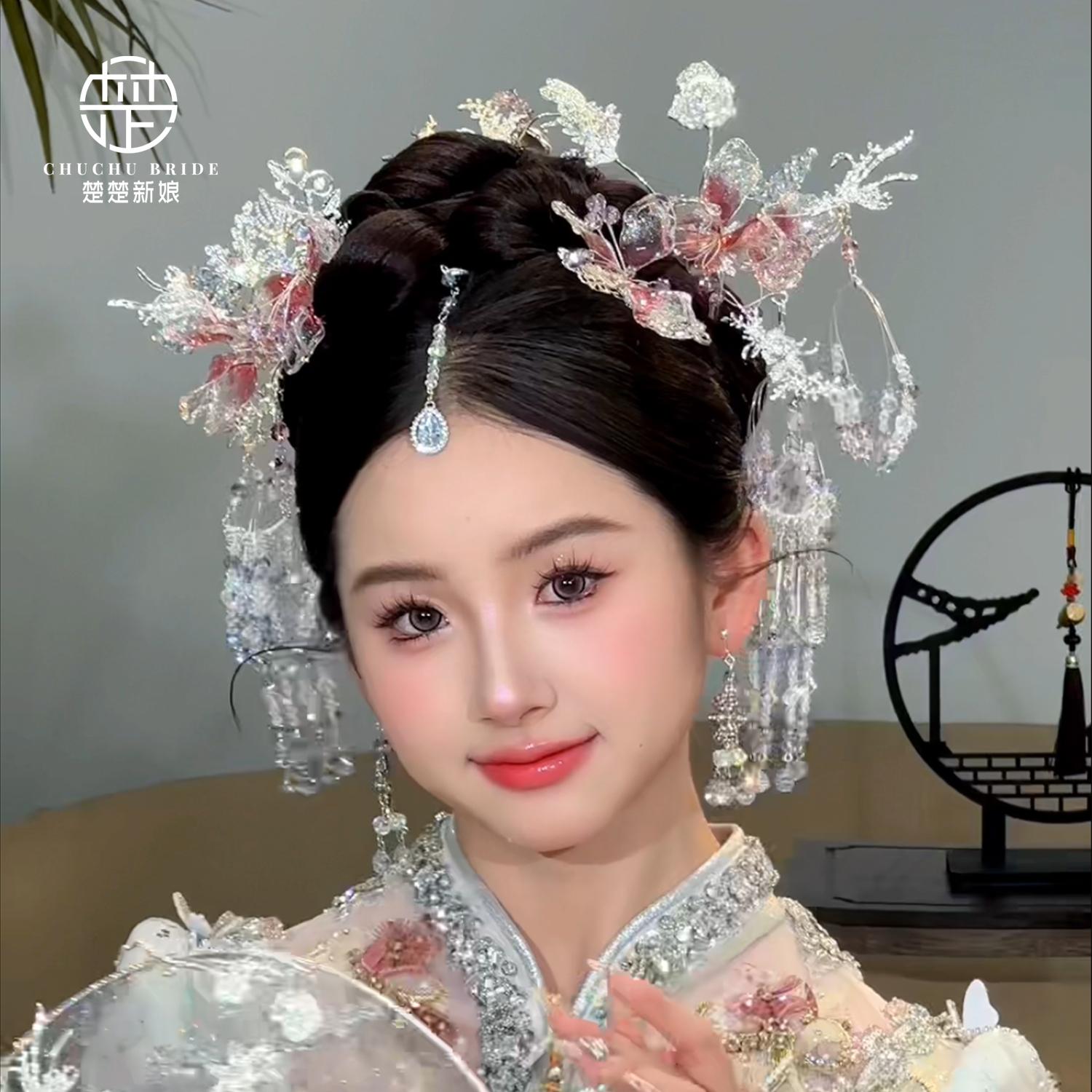 银色秀禾头饰新娘水晶发钗简约大气高级感秀禾服发饰新中式古风