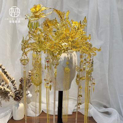 金色大凤冠中式新娘婚礼头饰长流苏圆冠汉服龙凤褂秀禾服配饰国风