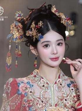 新款新中式汉服旗袍金红蓝色秀禾新娘头饰古风水凝胶重工分体发饰