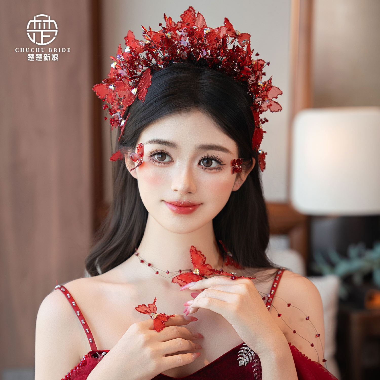 新娘头饰红色皇冠蝴蝶发冠主纱订婚敬酒服大衣礼服配饰结婚王冠款图片