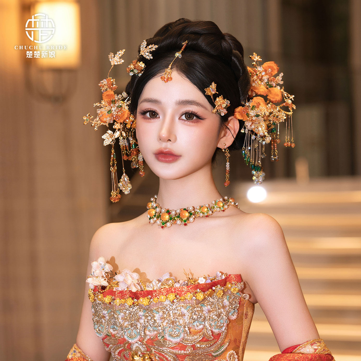 绒花发夹新娘新中式头饰眉心额饰旗袍晨袍百搭金色秀禾龙凤褂发饰