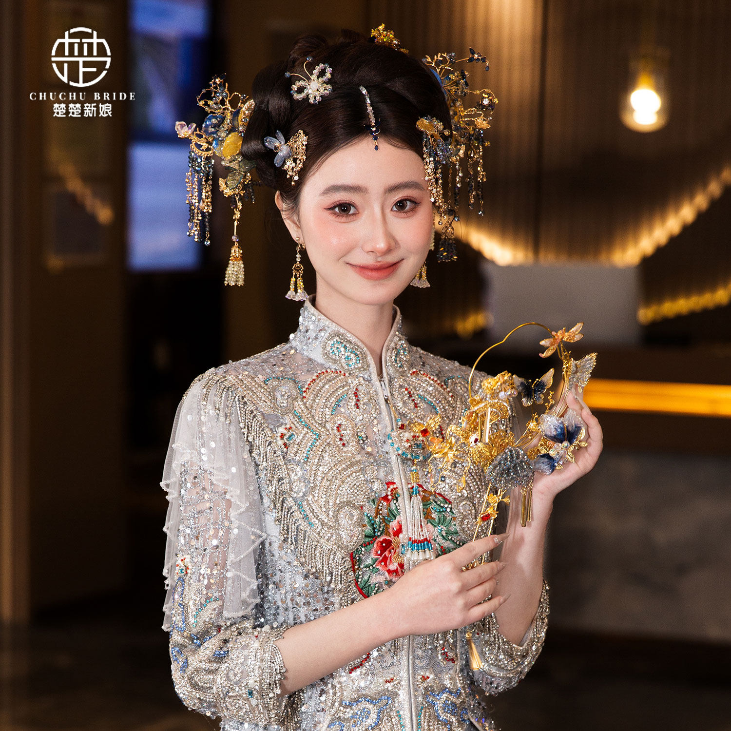 楚楚新娘秀禾金蓝撞色龙凤发簪
