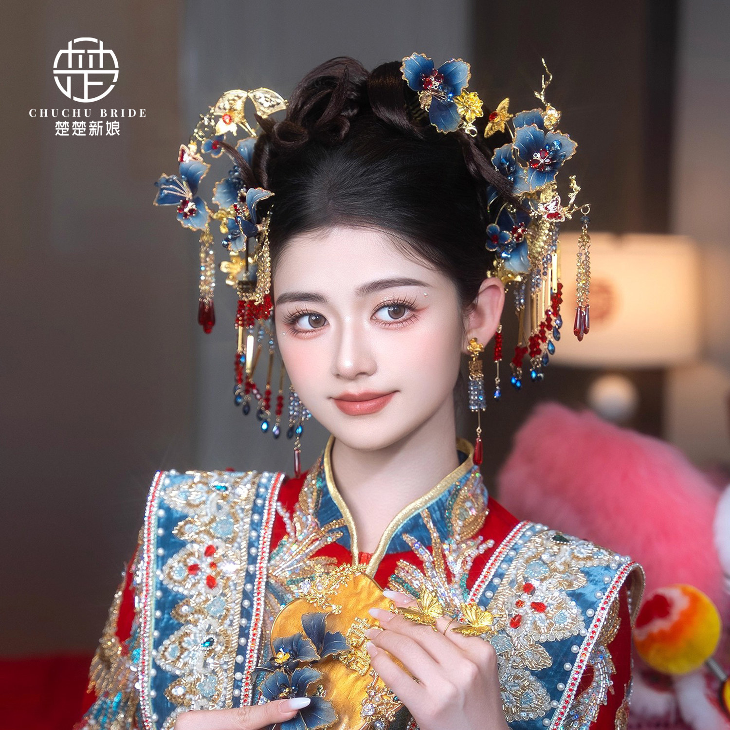新娘头饰新中式金红蓝秀禾发饰旗袍马面裙汉服配饰品凝胶花朵减龄