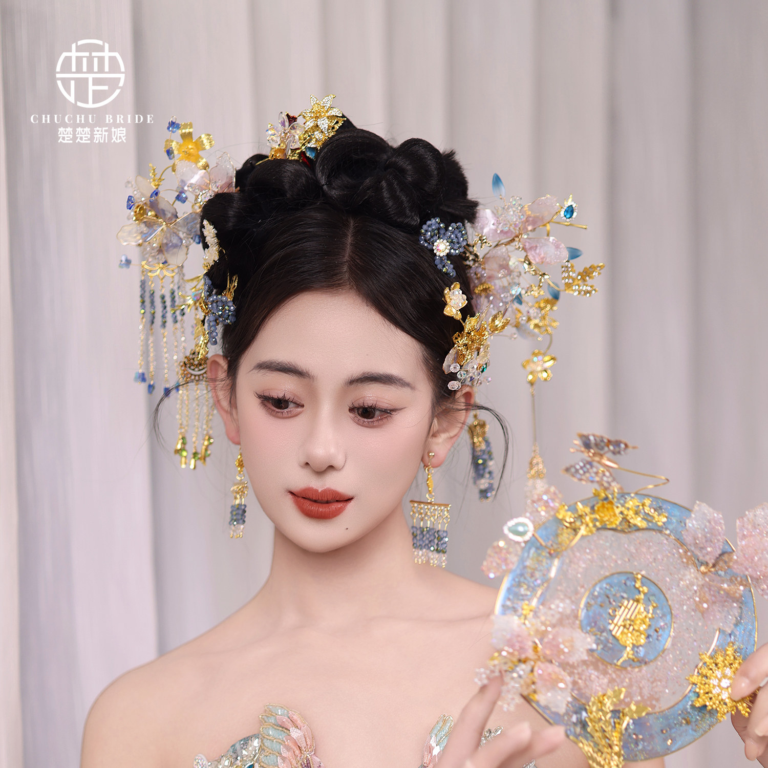 新中式古风超仙花朵发饰品粉紫色秀禾服配饰步摇流苏结婚头饰发簪