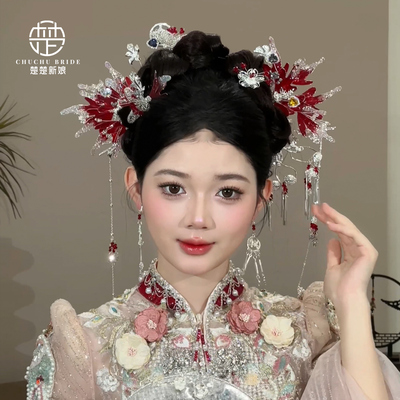 新娘头饰古典新中式红银色发簪秀禾服龙凤褂晨袍配饰小众减龄饰品