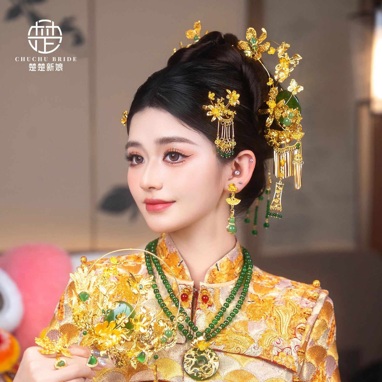 2025新中式秀禾龙凤褂头饰新款金色大气高级流苏发簪汉服新娘发饰