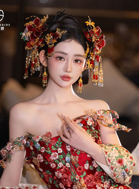 新中式复古婚礼秀禾服金色红色头饰大气古装汉服晨袍发簪结婚头饰