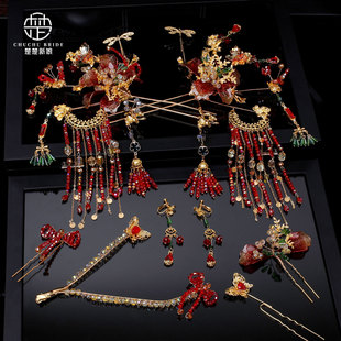 新中式秀禾头饰红金撞色中国风水凝花朵发簪旗袍古风龙凤褂发饰品