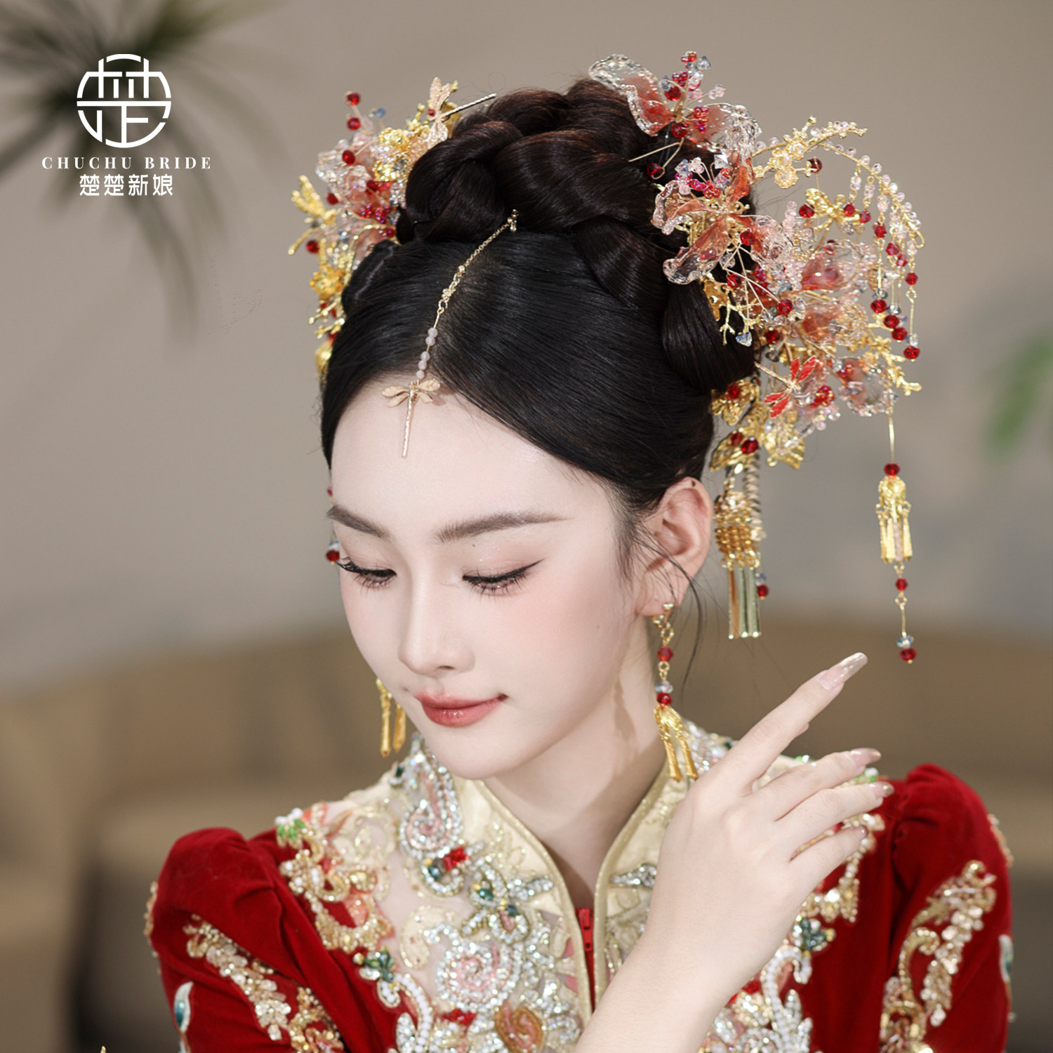 2025新款金红色秀禾头饰眉心坠减龄中式结婚汉服龙凤褂新娘发饰