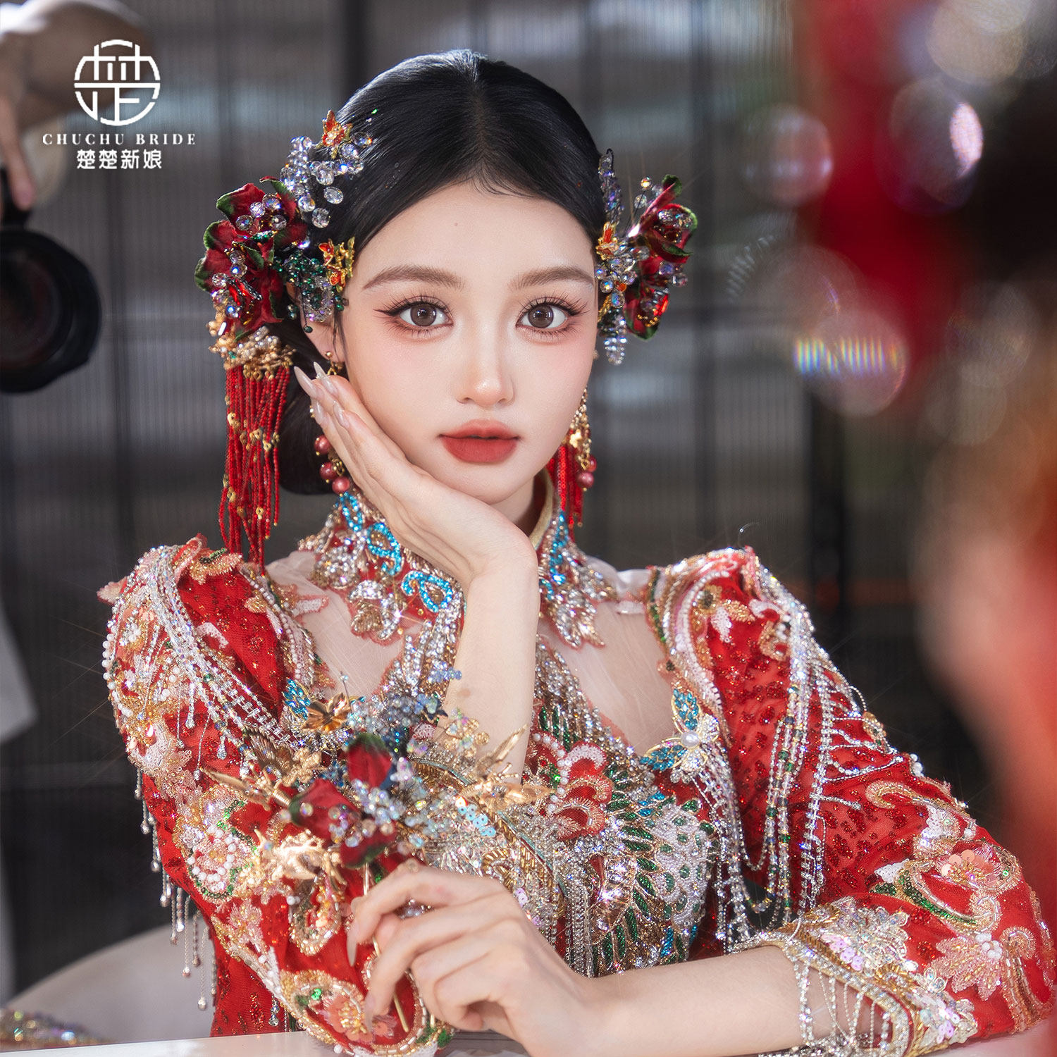 新中式红花水晶蝴蝶新娘发饰