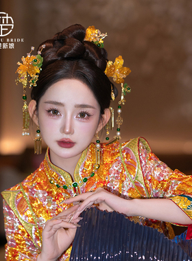 新款超仙小清新古装头饰步摇百搭金绿色龙凤褂配饰分体秀禾配饰品