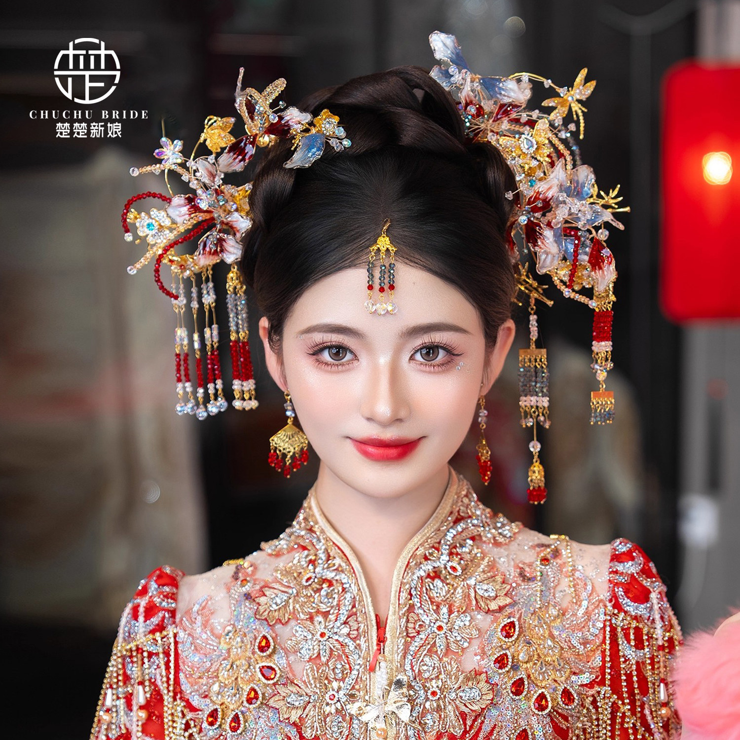 中式分体套装龙凤褂马面裙旗袍额饰眉心坠发饰金红色秀禾新娘头饰