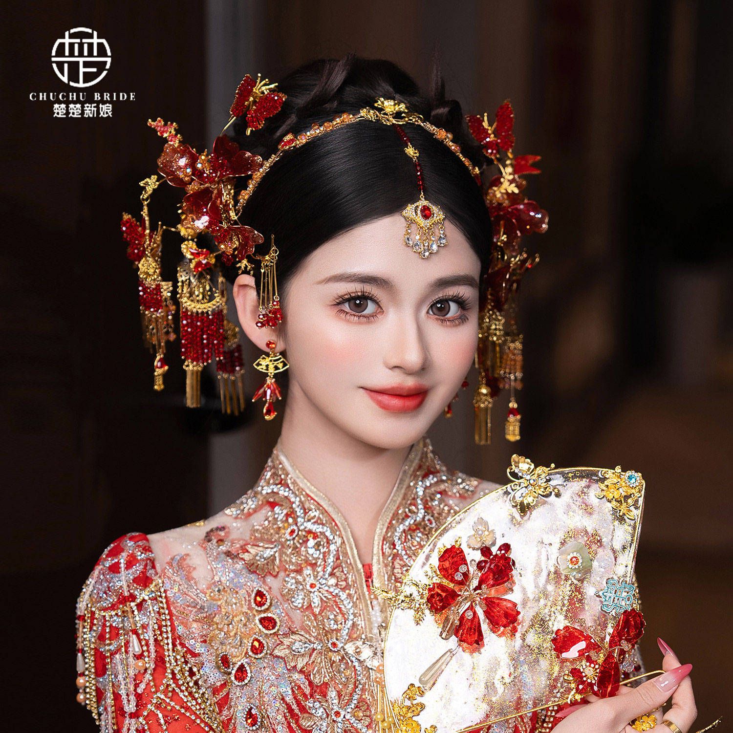中式婚礼新娘头饰金色发箍眉心坠饰品国风秀禾服龙凤褂配饰结婚女