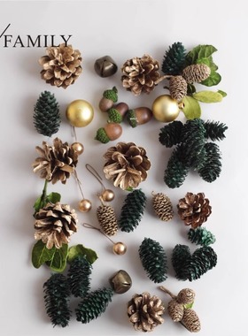 圣诞装饰品材料包松果松针铃铛金色红色花环手工DIY干果材料包
