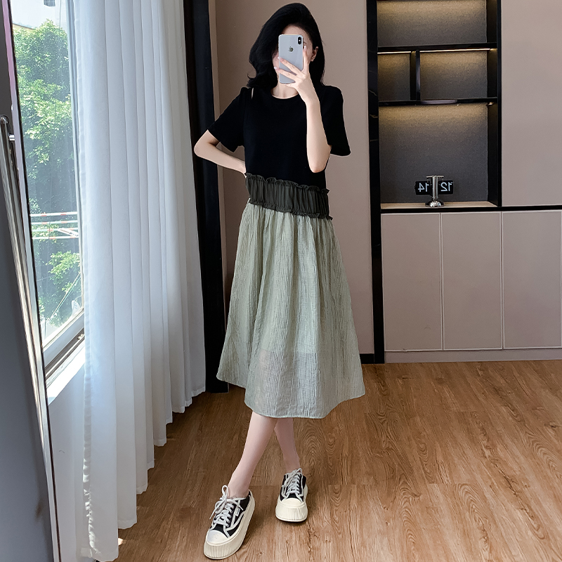 高级设计感连衣裙女大码拼接撞色