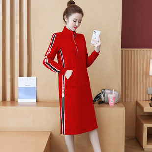 不带帽卫衣女春秋2021新款时尚大码宽松过膝半拉链立领中长款外套