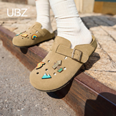 软底厚底真皮懒人鞋 UBZ 新款 女外穿2026年春季 包头洞洞勃肯半拖鞋