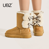 新款 UBZ 防水蝴蝶结可爱雪地靴女2026年冬季 加绒加厚东北中筒长靴