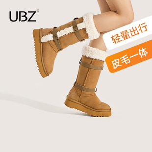 羊皮毛一体加绒长筒骑士靴子 2025年新款 UBZ 厚底防水雪地靴女冬季