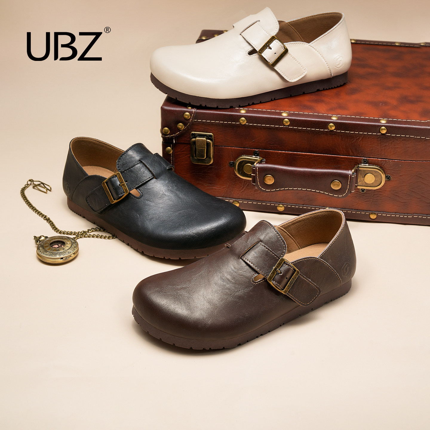 UBZ 宽版防水皮面黑色勃肯鞋女2026春新款厚底休闲一脚蹬博肯单鞋