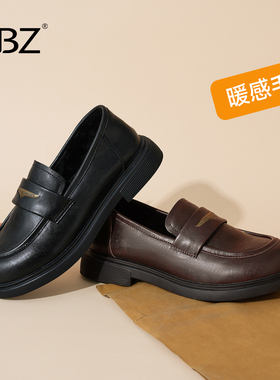 UBZ 加绒乐福鞋女2026年冬季新款平底百搭保暖一脚蹬浅口黑色单鞋
