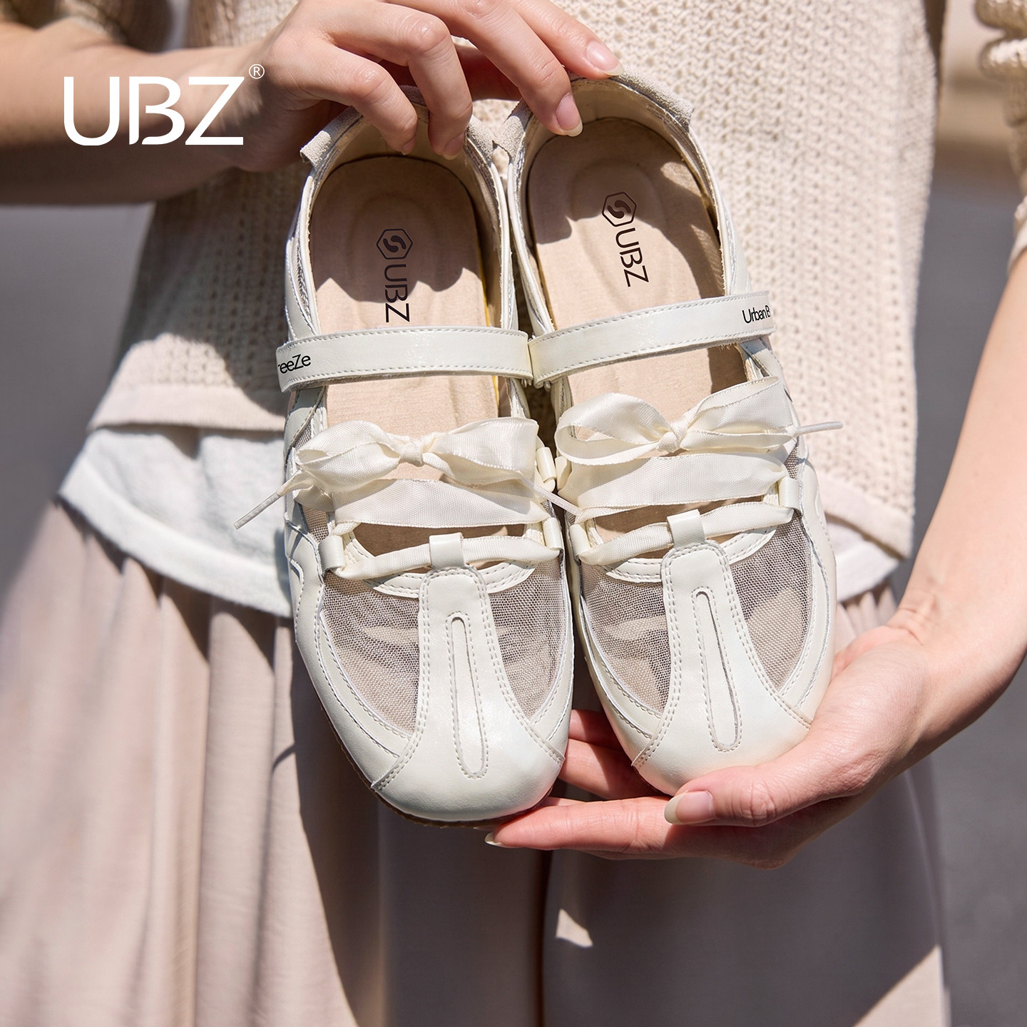 UBZ 宽版网面芭蕾玛丽珍大码德训鞋女2026夏季新款透气配裙子凉鞋