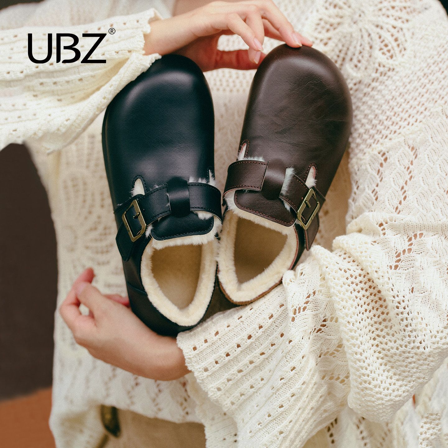 UBZ 防水加绒皮面黑色勃肯鞋女2026冬季厚底内增高保暖棕色毛毛鞋
