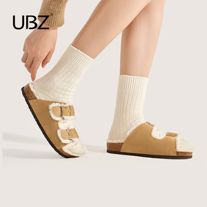 UBZ 勃肯拖鞋女外穿2023年秋季新款毛毛拖鞋女家居真皮厚底棉拖鞋