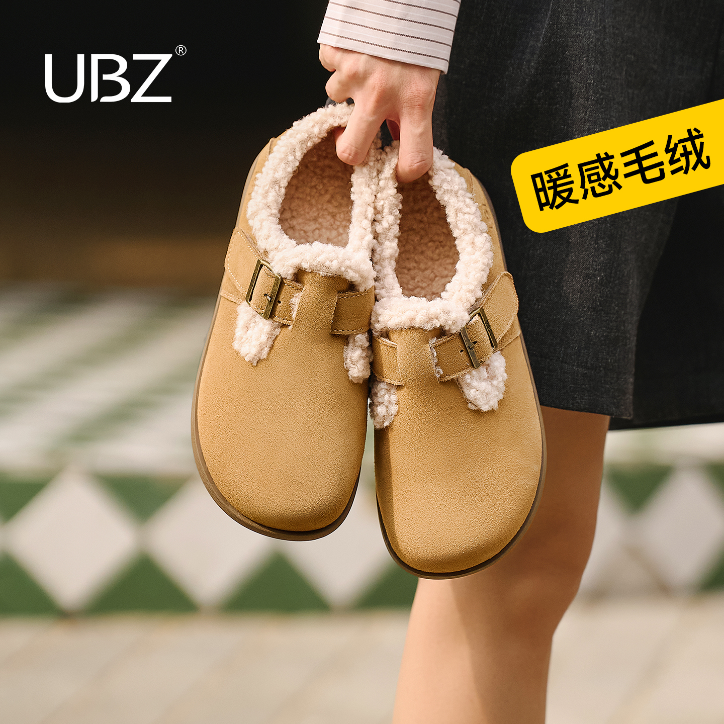 UBZ 防水加绒两穿勃肯鞋女2025冬季新款百搭保暖毛毛棉鞋女雪地靴