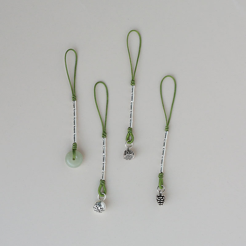 和田玉竹报平安编绳纯银挂件